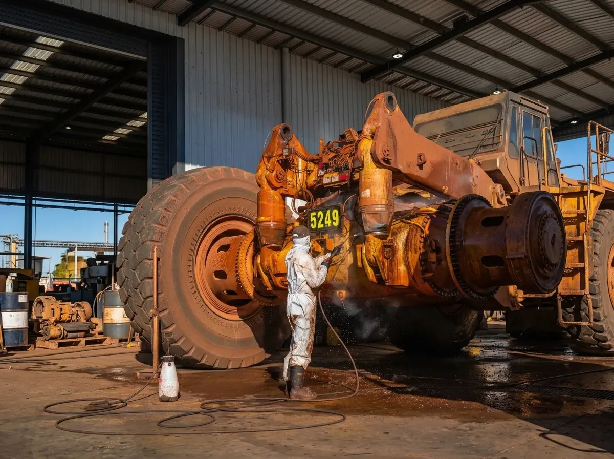 Heavy mining machinery being cleaned by an industrial crew
