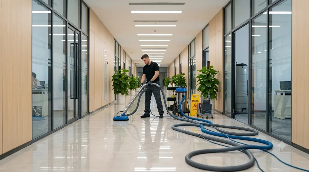 Commercial cleaner servicing a modern open-plan office